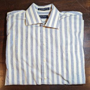 Nautica Men's Long Sleeve Blue and Yellow Striped Shirt 15.5